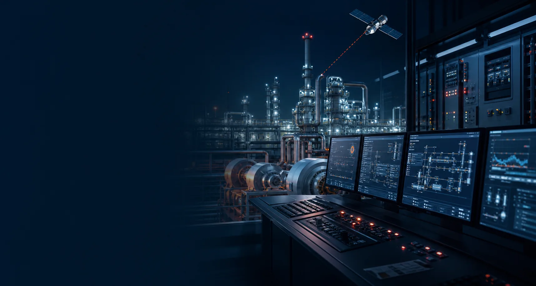 Industrial control room overlooking a process plant